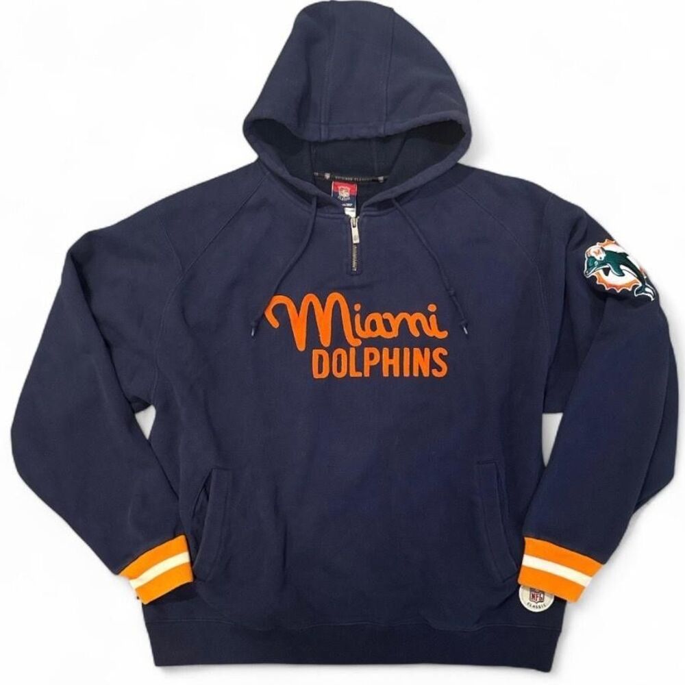 Reebok Miami Dolphins 1/4 Zip Hoodie Gridiron Classic Sz L Football Pullover NFL